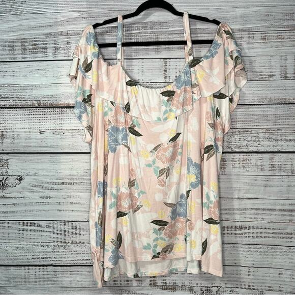 Torrid 4X Super Soft Cold Shoulder Ruffle Top Pink Blue Floral - Picture 2 of 10